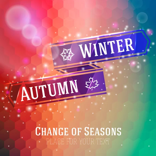 Helles Band mit Winter- und Herbstpfeil, Ikonen der Schneeflocke, Ahornblatt, auf abstraktem Hintergrund. Vektor — Stockvektor