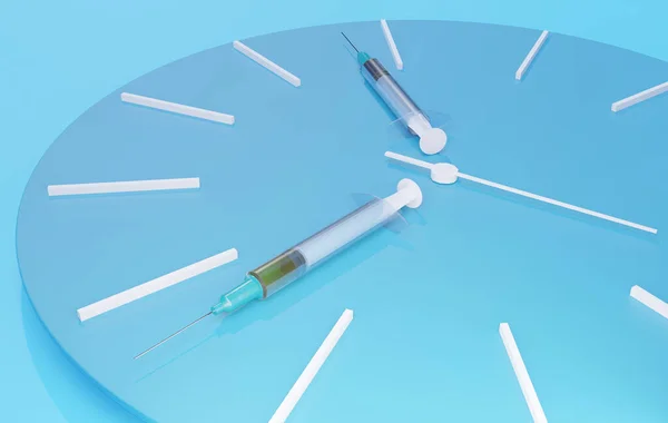 Óra Kék Alapon Fecskendőkkel Kézben Render Koncepció Vakcinára Való Várakozásra Stock Kép