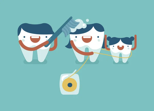 Daddy tand Bussning mamma och hon rengöring med tandtråd, familj dental koncept — Stock vektor
