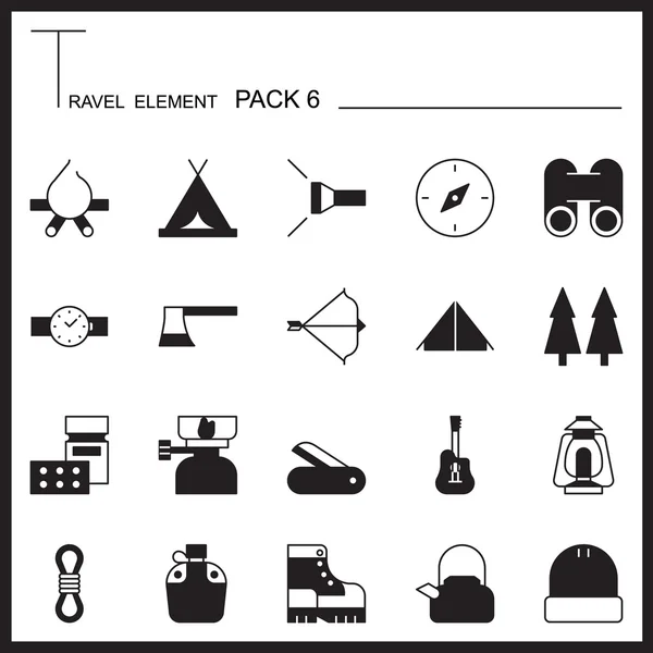 Gráfico de elementos de viagem Conjunto de ícones 6.Camping thin icons.Mono pack.Gra —  Vetores de Stock