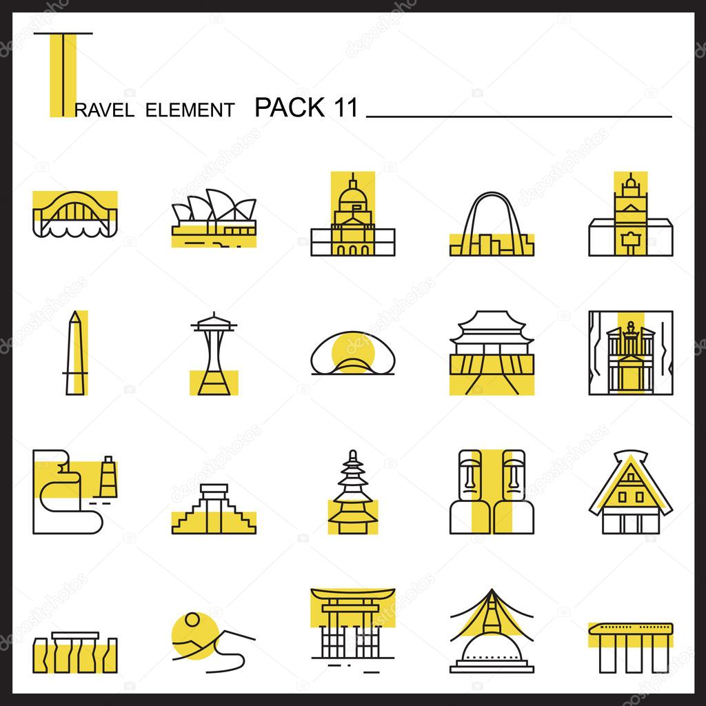 Travel Element Line Icon Set 11.Landmark thin icons.Color pack.Graphic vector logo set.Pictogram design.