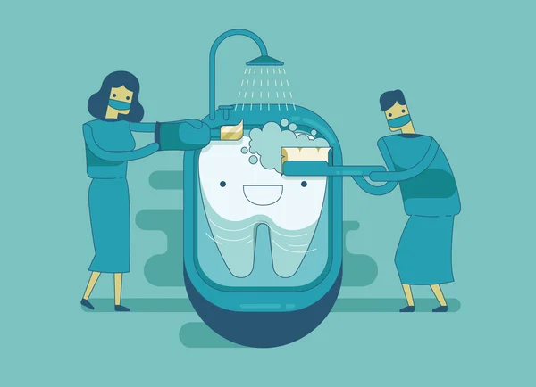 Zahnarzt putzt den Zahn, zahnärztliches Konzept — Stockvektor