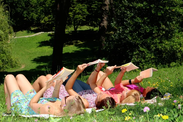Chicas jóvenes leyendo libros en el parque Imagen de stock