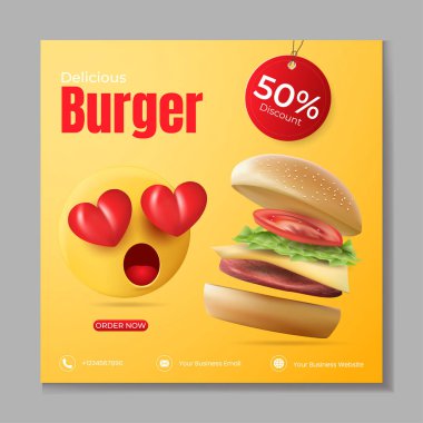 Hamburger ya da fast food sosyal medya şablonu. Gerçekçi hamburgerli illüstrasyon vektörü.