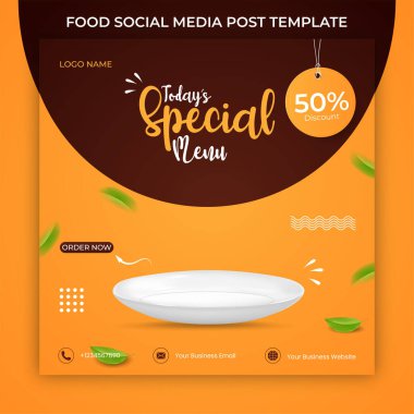 yemek sosyal posta şablonu. Gerçekçi beyaz plakalı illüstrasyon vektörü.