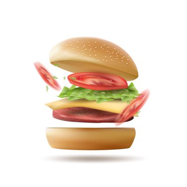 Lezzetli burger. Beyaz arkaplanda uçan gerçekçi vektör çizimi.
