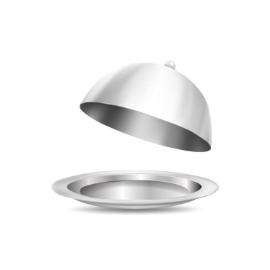 Üç boyutlu gümüş tabak ve beyaz arka planda izole edilmiş yiyecek örtüsü. gerçekçi vektör illüstrasyonu.