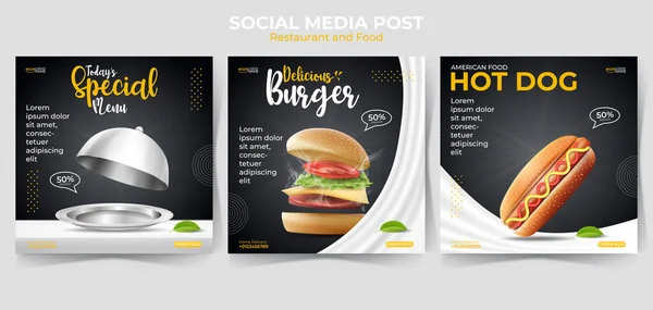 Set Von Editierbaren Minimalen Quadratischen Bannervorlagen Essen Oder Kulinarische Social — Stockvektor