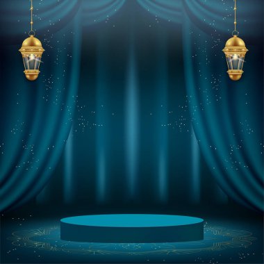 3D Ramadan kareem banner with green curtains and podium
