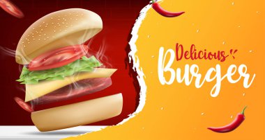 Hamburger ya da yemek reklamları afiş şablonu. Biberli ve mangallı nefis ev yapımı burger, gerçekçi vektör çizimi.