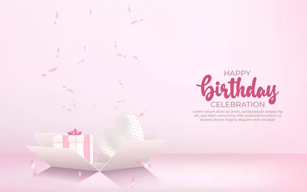 Happy Birthday Hintergrund Mit Geschenkbox Konfetti Und Luftballon — Stockvektor