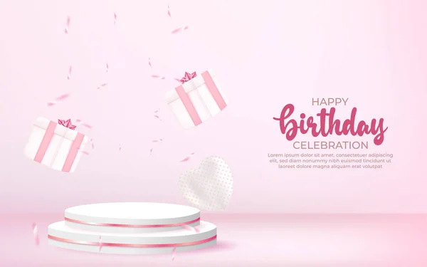 Happy Birthday Hintergrund Mit Geschenkbox Konfetti Und Podium — Stockvektor