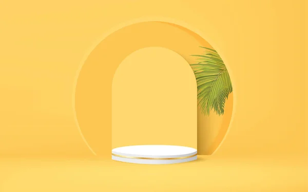 Minimal Geometrisches Podium Unter Sonnenlicht Illustrationsvektor Mit Palmblättern Vorhang — Stockvektor