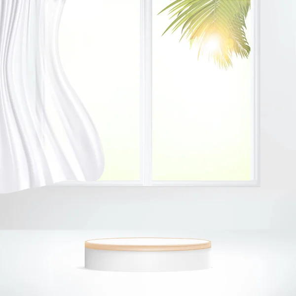 Minimal Geometrisches Podium Unter Sonnenlicht Illustrationsvektor Mit Palmblättern Vorhang — Stockvektor