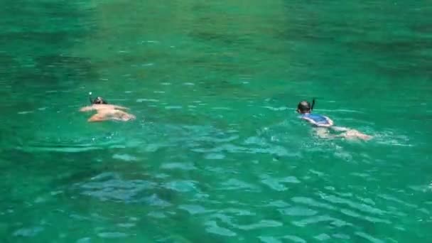 Due Giovani Turisti Nuotano Nel Mare Color Smeraldo Fanno Snorkeling — Video Stock