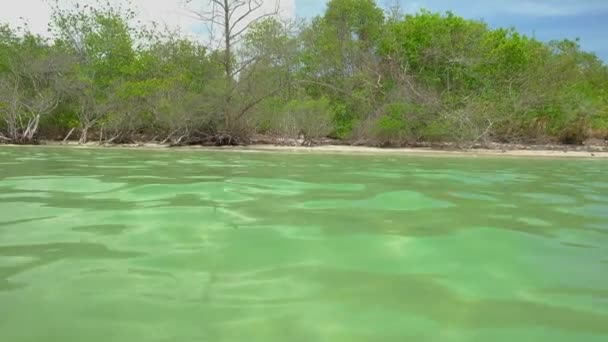 Близький Постріл Над Водою Смарагдові Зелені Хвилі Врізаються Берег Острова — стокове відео