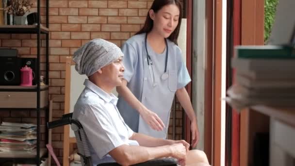 Cancer Elderly Patients Wheelchairs Receive Rehabilitation Treatment Private Home Asian — Stock Video