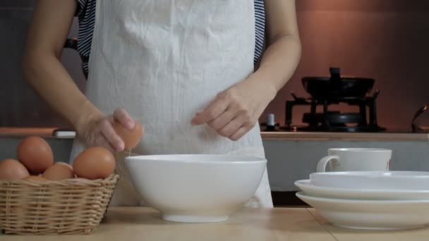 Close Slow Motion Footage Female Cook White Apron Cracking Egg — Stock Video