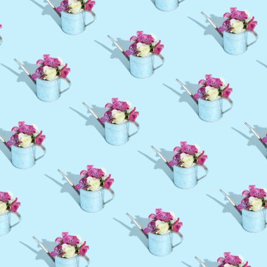 Pastel mavi arka planda metal sulama kutusunun içindeki çiçek. Asgari yaratıcı bahçe deseni, güneş ışığı ve sert gölge. Yaz, bahar, doğa, bahçe konsepti.