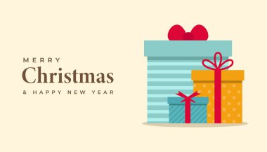 Bej arka plan hediye kutuları. Dekoratif nesnelerle dolu hediye kutusunu aç. Yeni yıl ve Noel tasarımı. Tatil afişi, web posteri, el ilanı, şık bir broşür, tebrik kartı, kapak. Xmas arkaplanı