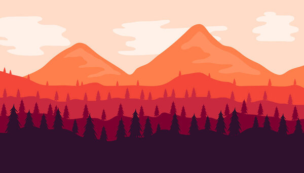 Вид на горы и лес после обеда. Вектор плоской конструкции