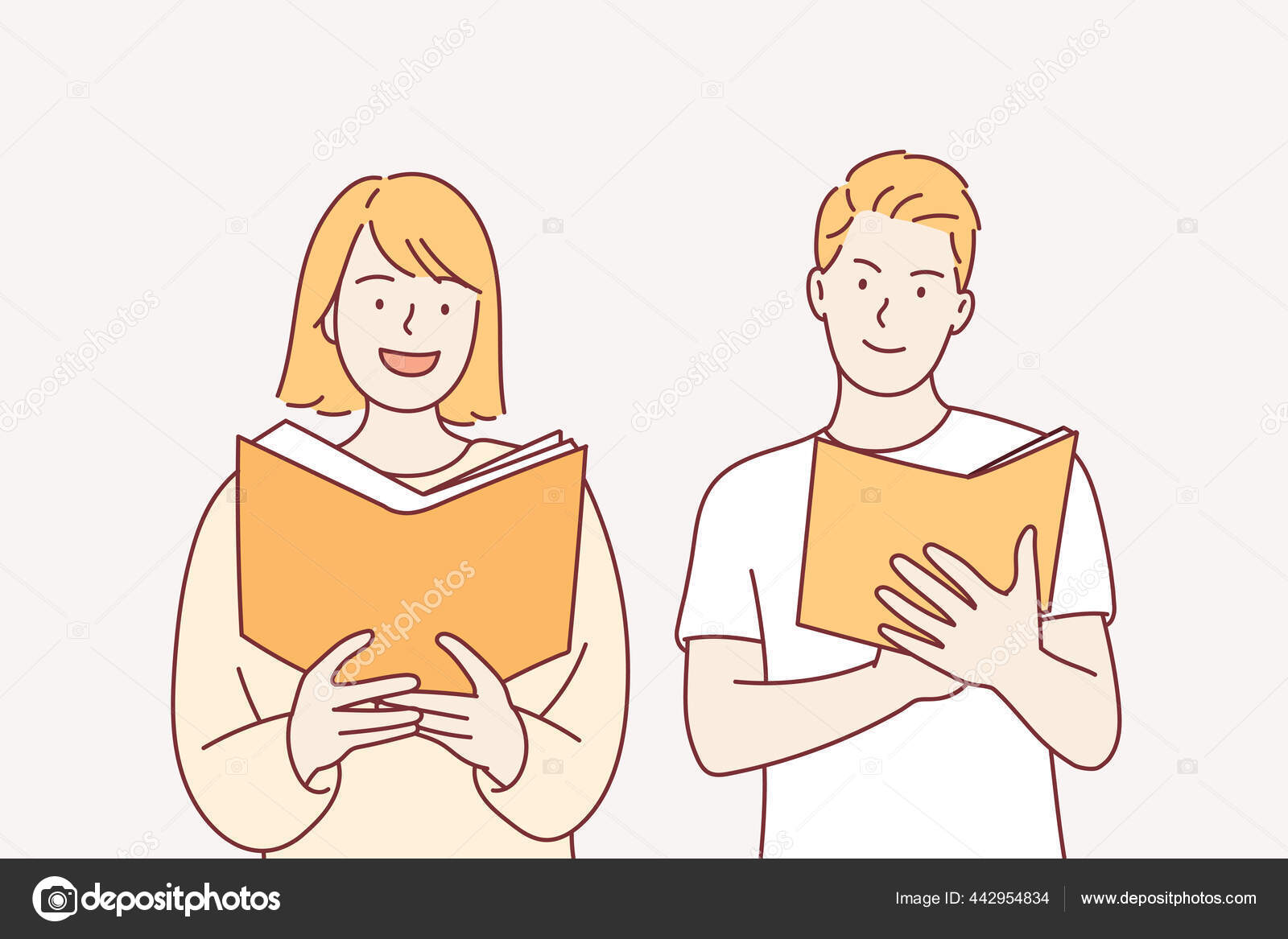 男性と女性は本を読む 白地に人間の文字 手描きのベクターデザインイラスト ストックベクター C Alexhariyandi Gmail Com