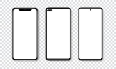 Beyaz ekranlı yüksek kaliteli, modaya uygun akıllı telefon. Görsel UI UX uygulaması tanıtımı için telefon modeli. Vektör mobil set aygıtı kavramı