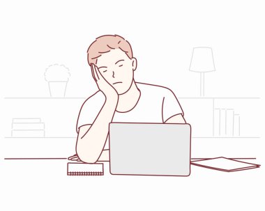 Yorgun milenyum erkeği el ele tutuşup ofis masasında uyukluyor. El çizimi biçim vektör tasarımı çizimleri.