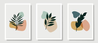 Duvar süsleme vektörü ayarlandı. Soyut şekillerin ve bitki yapraklarının sanat resmi. Baskı, kapak, duvar kağıdı, asgari ve doğal duvar sanatı için soyut bitki sanatı tasarımı. Vektör illüstrasyonu.