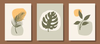 Soyut kavramlara ve pastel renklere sahip posterlerin koleksiyonu. Bitki yaprakları, sosyal medya için harika tasarım, kartpostallar, baskılar.