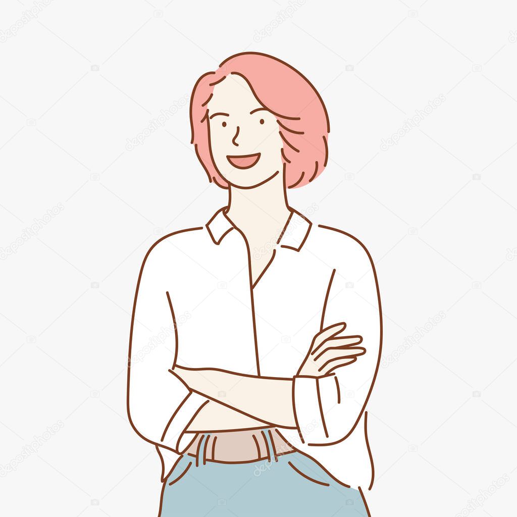 Portrait of a beautiful young woman. Smiling business woman with crossed arms staring at the camera. Hand drawn style vector design illustrations.