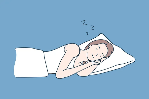 这个年轻漂亮的女人正睡在一个白色的枕头上 手绘风格矢量设计插图 — 图库矢量图片