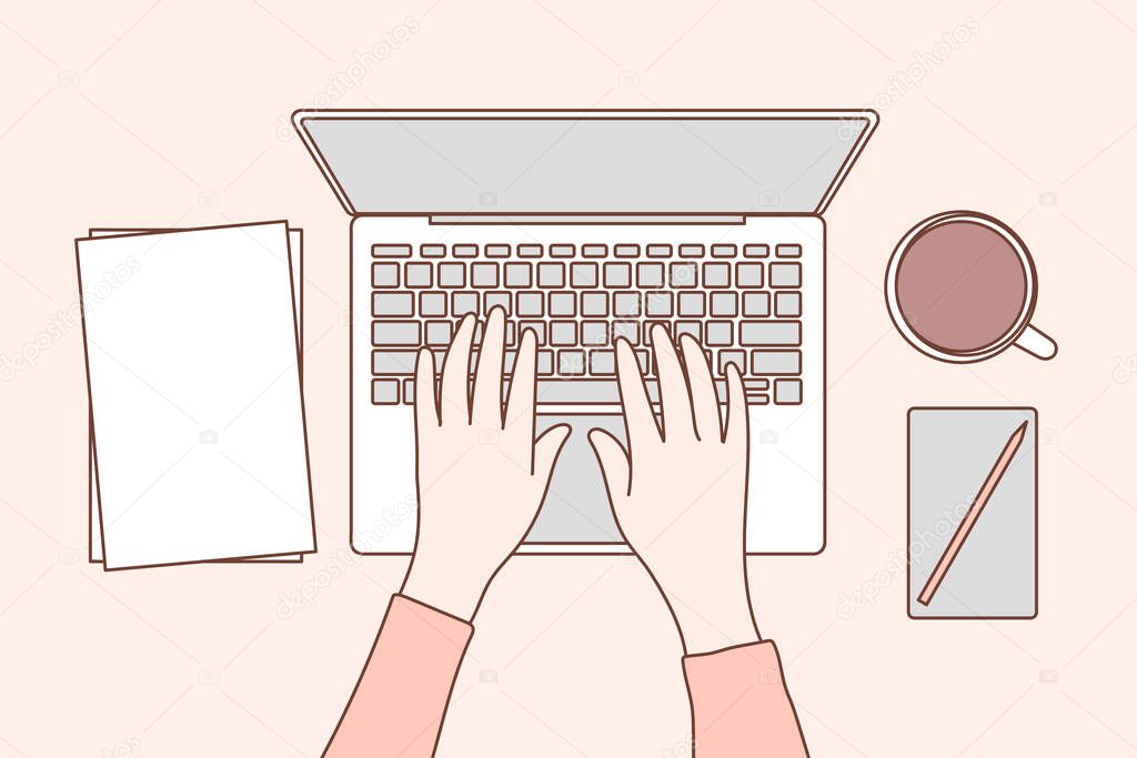 Women are seen using laptops to work in the office. Hand drawn style vector design illustrations.