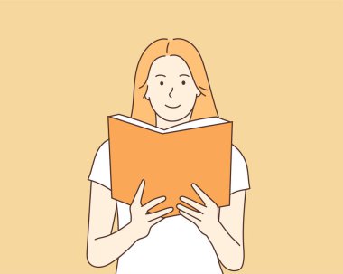 Güzel bir kadın mutlu bir ifadeyle bir kitap okuyor. El çizimi biçim vektör tasarımı çizimleri.