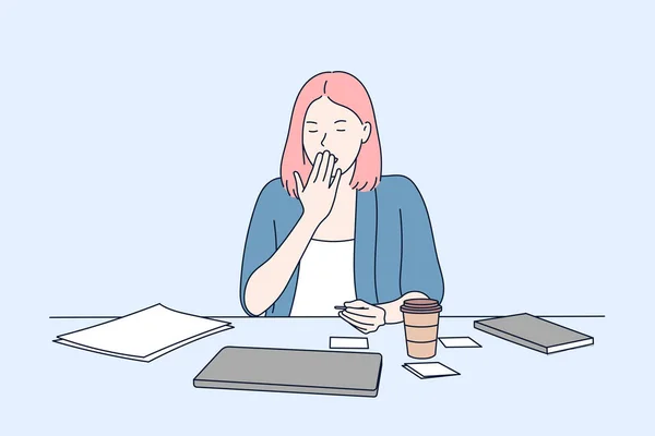 一个困倦的年轻女人在工作 桌子凌乱 手绘风格矢量设计插图 — 图库矢量图片