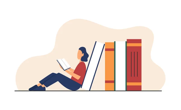 Frau Sitzt Auf Einem Stapel Bücher Während Sie Ein Buch — Stockvektor