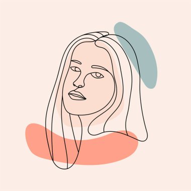 Elinde siyah çizgiler ve soyut şekillerle çizilmiş soyut kadın yüzünün vektör çizimi. Pastel renkler kullanılıyor