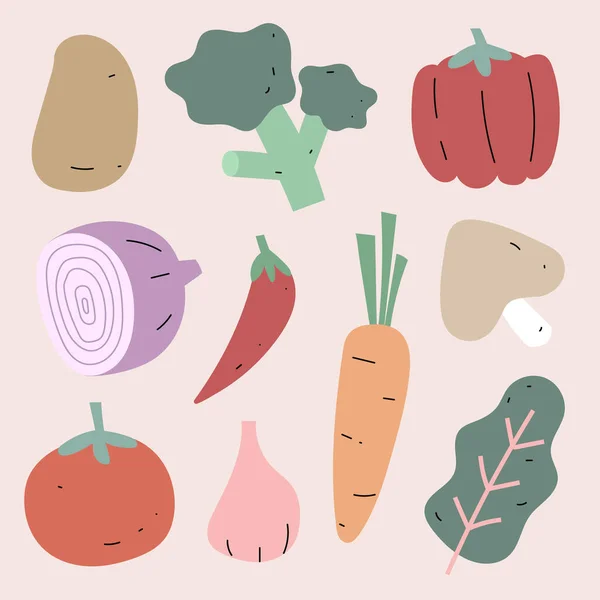 Recogida Vegetales Ilustración Verduras Frutas Mano Dibujada Colores Pastel — Vector de stock