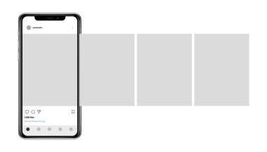 Fotoğraf çerçeveli akıllı telefon, sosyal medya ağlarına yüklenmiş atlıkarınca arayüzü. Vektör illüstrasyonu.