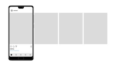 Fotoğraf çerçeveli akıllı telefon, sosyal medya ağlarına yüklenmiş atlıkarınca arayüzü. Vektör illüstrasyonu.