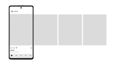 Fotoğraf çerçeveli akıllı telefon, sosyal medya ağlarına yüklenmiş atlıkarınca arayüzü. Vektör illüstrasyonu.