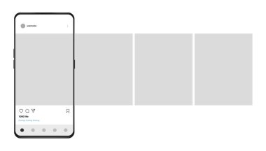 Fotoğraf çerçeveli akıllı telefon, sosyal medya ağlarına yüklenmiş atlıkarınca arayüzü. Vektör illüstrasyonu.