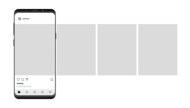 Fotoğraf çerçeveli akıllı telefon, sosyal medya ağlarına yüklenmiş atlıkarınca arayüzü. Vektör illüstrasyonu.