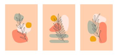 Soyut arkaplan içeren yaprak çizimleri koleksiyonu. Baskı, kapak, duvar kağıdı, asgari ve doğal duvar sanatı için soyut sanat tasarımı. Vektör illüstrasyonu.