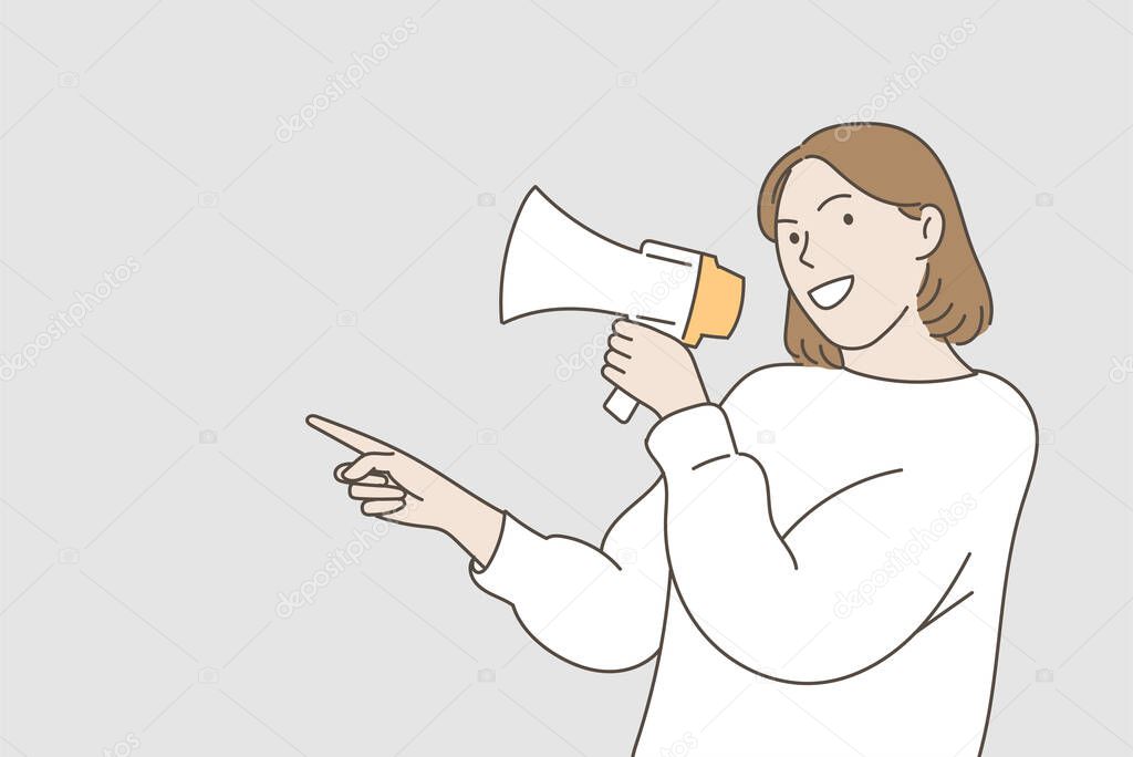 Young woman holding megaphone to give information. Hand drawn style vector design illustrations.