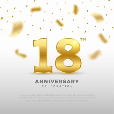 Altın rengi ve beyaz arkaplanlı 18. yıldönümü kutlaması. Kutlamalar, davetiyeler ve tebrik kartları için vektör tasarımı.