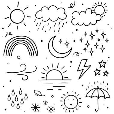 Güneş, bulutlar, yağmur, kar, ay, rüzgar ve yıldırım gibi çeşitli elementlerin yer aldığı el yapımı hava durumu karalamaları. Temiz beyaz arkaplanda basit ve büyüleyici çizimler