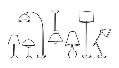 Minimalist ve modern tasarımlı siyah basit çizgi şeklinde farklı masa, zemin ve asılı lambalar kümesi. Vektör illüstrasyonu