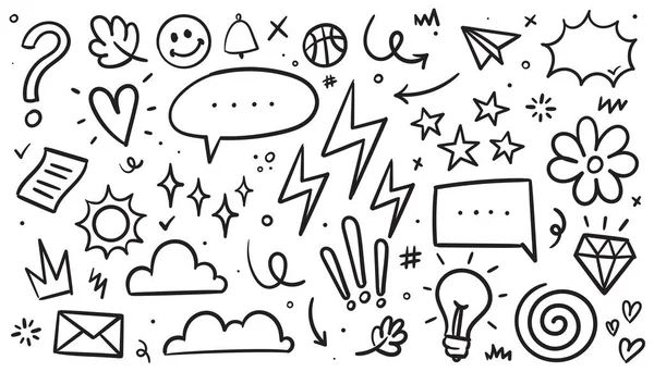 El çizimi siyah ve beyaz karalama vektör çizimi, çeşitli şirin ve çocuksu karalamalar içerir