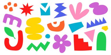 Renkli soyut geometrik şekiller ayarlandı. Oyuncu kompozisyonunda parlak kesme biçimi ögeleri. Arka planlar, posterler ya da kolaj sanatı için modern minimalist tasarım. Vektör illüstrasyonu